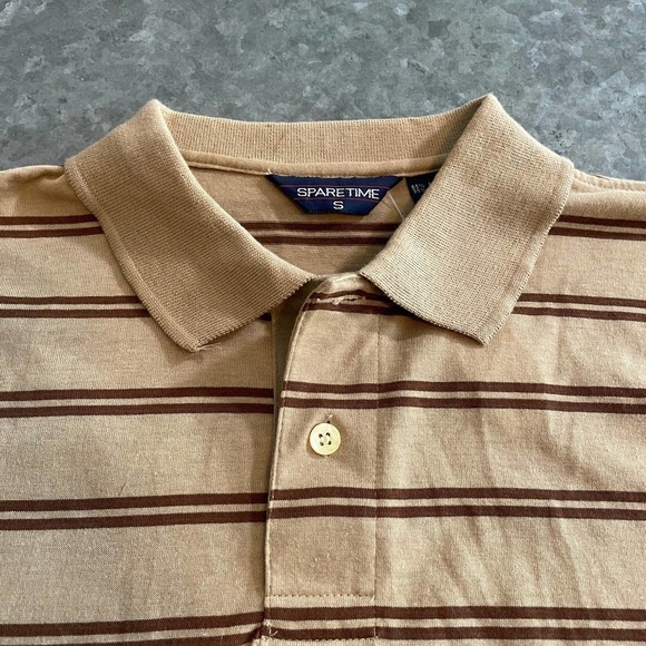 NWT Vintage Polo Shirt Mens Small Sparetime Single Stitch Retro Brown Tan Stripe - Picture 2 of 10